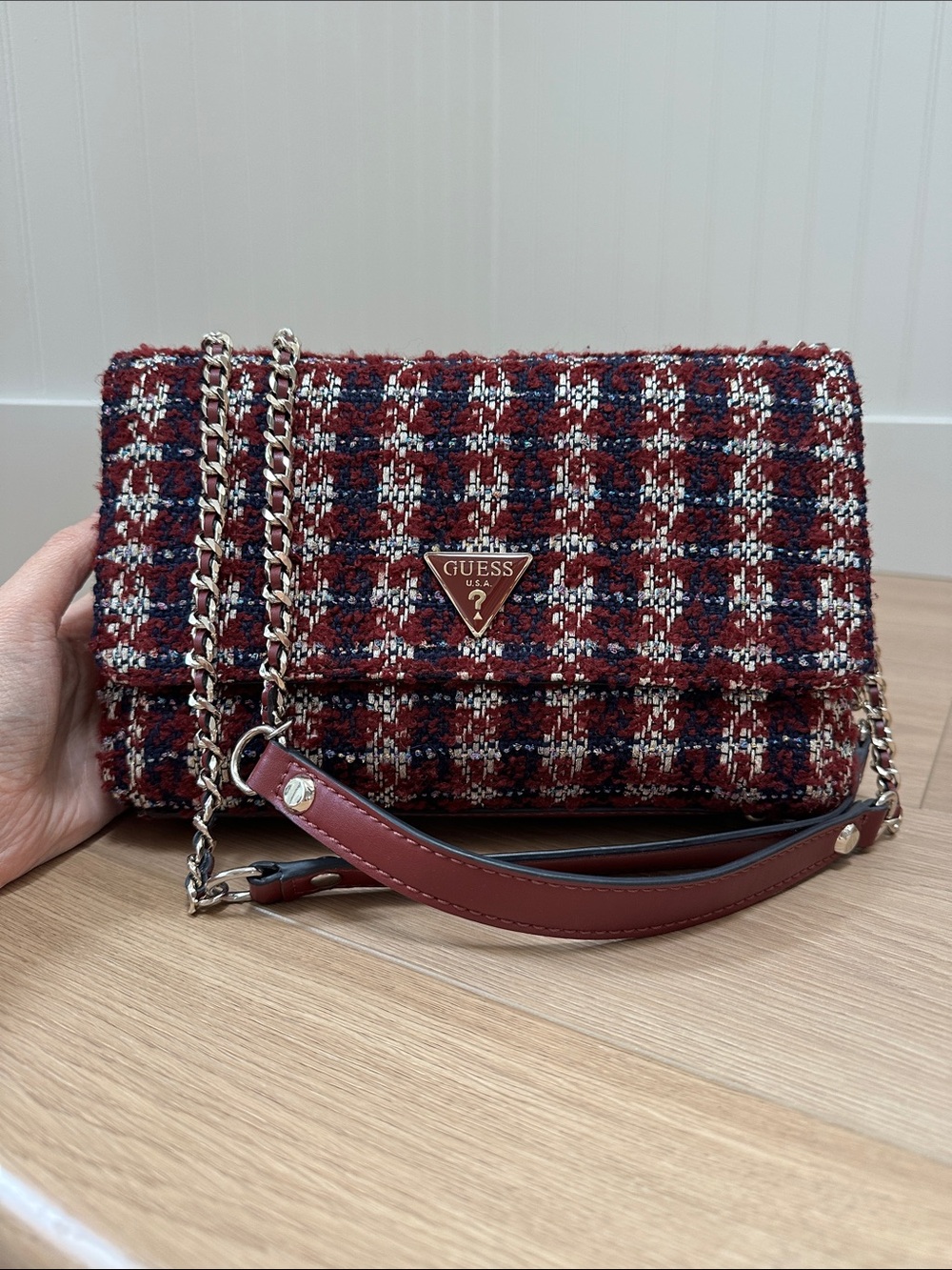 GUESS Burgundy Plaid Tweed Crossbody with Nickel Chain
